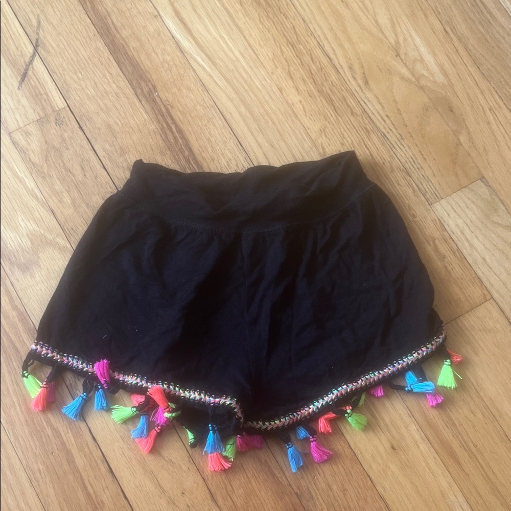 Random Hearts Kids Black Shorts with rainbow fringe at the bottom size 6